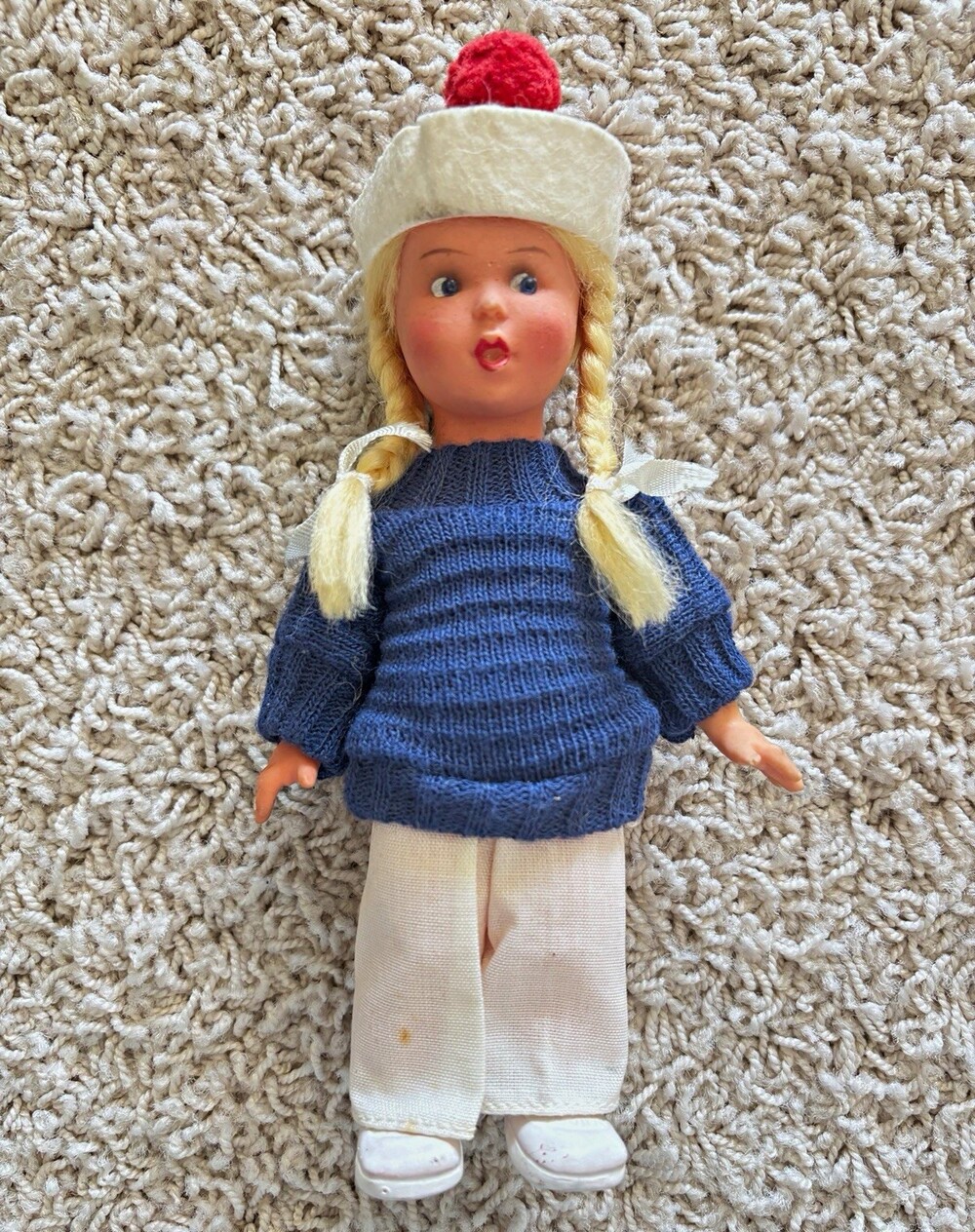Vintage Western Germany Doll 8in Blonde Girl Braids Blue Eyes w/ Outfit